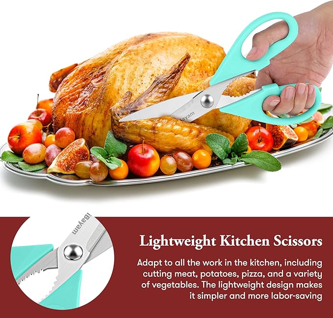 iBayam Kitchen Scissors - All Purpose Heavy Duty Meat Scissors, Poultry Shears, Dishwasher Safe, Stainless Steel, 2-Pack, Pastel Pink, Mint Blue