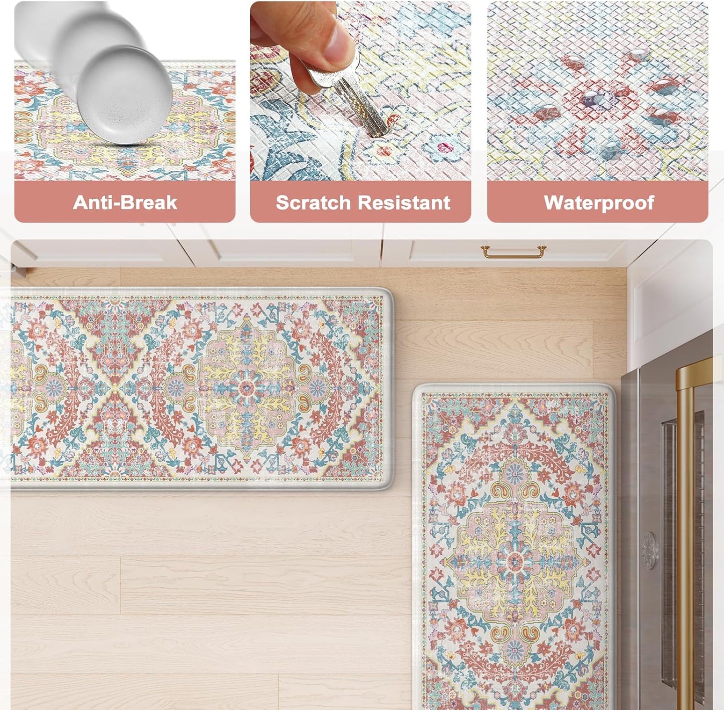 KIMODE Kitchen Mats for Floor, 17"x47"+17"x29" Boho Vintage Kitchen Rugs 2 PCS, Cushioned Anti Fatigue Mats for Kitchen Floor, Non-Slip Kitchen Floor Mats, Sink, Laundry, Office, Desk Pink