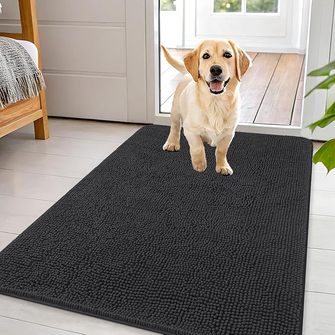 OLANLY Dog Door Mat for Muddy Paws 44x32, Absorbs Moisture and Dirt, Absorbent Non-Slip Washable Doormat, Quick Dry Chenille Mud Mat for Dogs, Entry Indoor Entryway Carpet for Inside Floor, Dark Grey