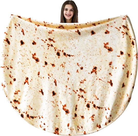 Vessia Burritos Tortilla Throw Blanket (Beige, 71 inches), Giant Realistic Funny Food Blanket for Adults and Teenagers, Novelty Double Sided Round Tortilla Wrap Home Decor for All Seasons