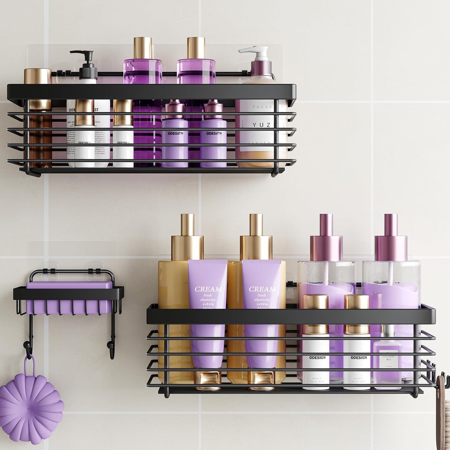 ODesign Shower Caddy 3 Pack SUS304 Stainless Steel-No Drilling-Shower Bathroom Shelves Rack,Rustproof Wall Mounted,Adhesive Shower Shelf Basket Organizer-Black