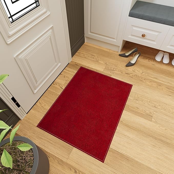 Ottomanson 2'7" x 5' Ultra-Thin Area Rug Durable Non-Slip Carpet for High-Traffic Areas - Fits Under Doors for Easy Use - Ideal for Living Room, Bedroom, Kitchen, Bathroom & Entryway, Red