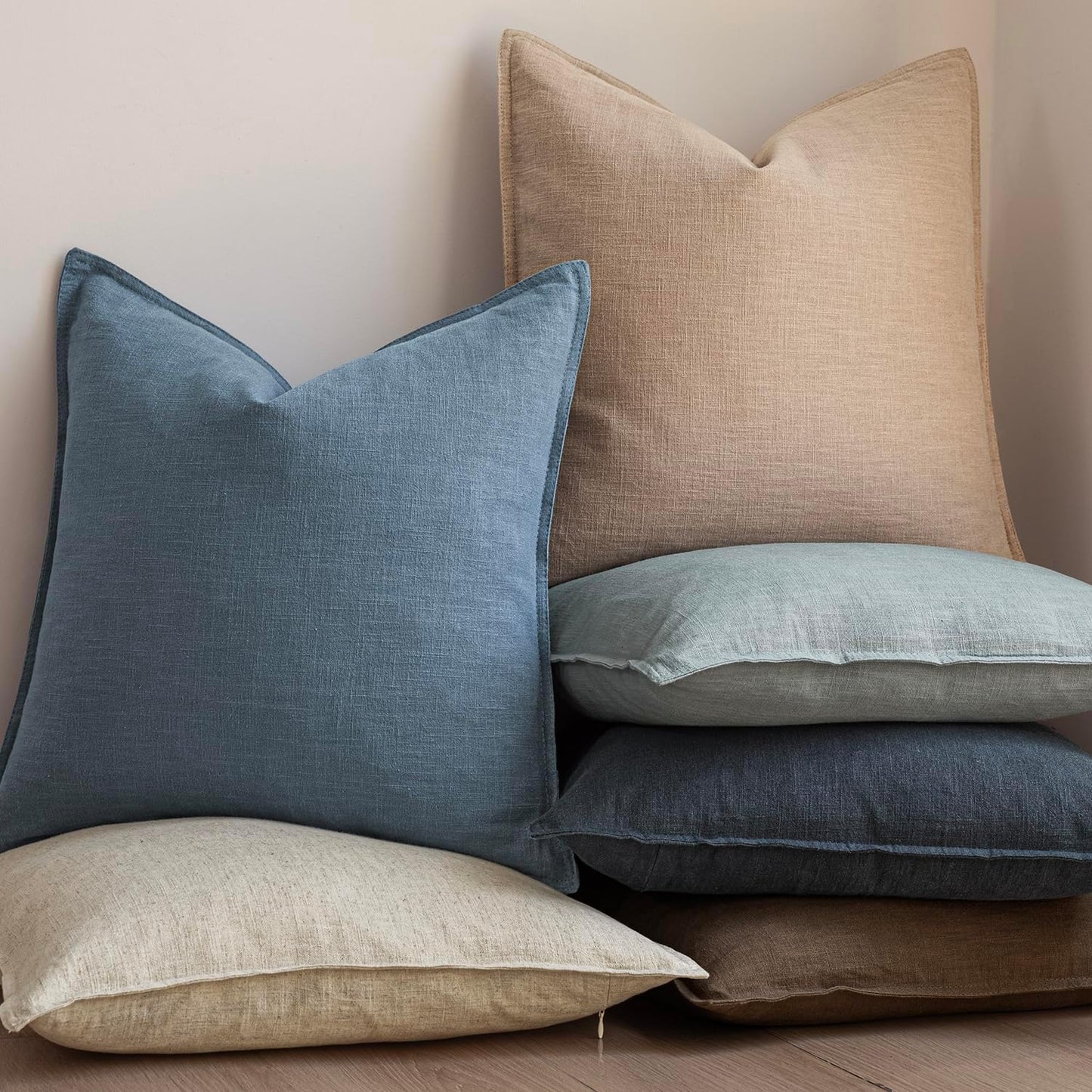 Foindtower Set of 2, Decorative Linen Soild Throw Pillow Covers Soft Accent Euro Cushion Case Boho Farmhouse Neutral Pillowcase for Couch Sofa Bedroom Living Room Home Decor 18 x 18 Inch Misty Blue