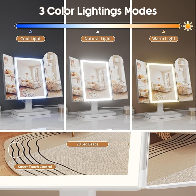 Makeup Vanity Mirror with Lights, Rechargeable Lighted Makeup Mirror with 2X 3X 10X Magnification, Led Makeup Mirror with 3 Colors Lights, Portable Mirror for Travel Desk, Gifts for Women Girls