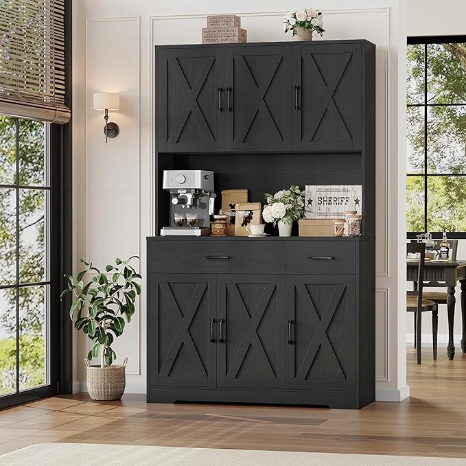 HOSTACK 71" Pantry Cabinet with Charging Station, Tall Kitchen Pantry Storage Cabinet with Microwave Stand, Farmhouse Kitchen Hutch with Storage Drawers for Living Room, Dining Room, Black Wood Grain