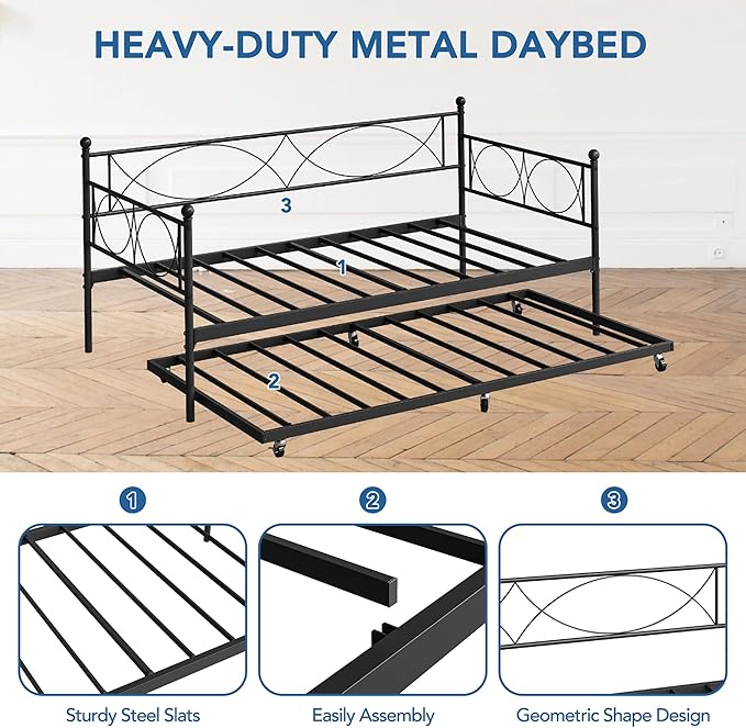 IDEALHOUSE Twin daybed with Trundle, Metal Twin Daybed and Trundle Set, Day Bed Sofa Bed Frame with Steel Slat Support, Multifunctional Daybed Frame for Bedroom (Modern - Black)