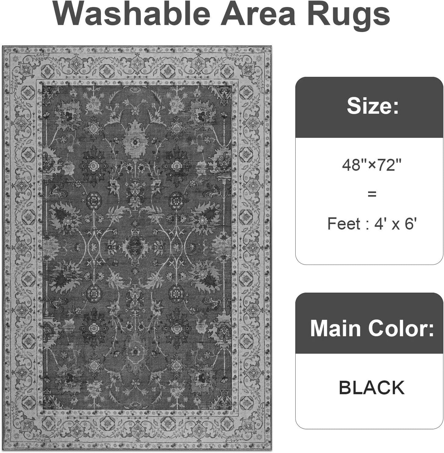 Vasofe 4x6 Rug for Bedroom, Washable Living Room Rugs for Dining Room, Black Indoor Floor Mat, Vintage Floral Mats for Home Decor, Farmhouse, Laundry Room, Non Slip Low Pile Soft Modern Carpet