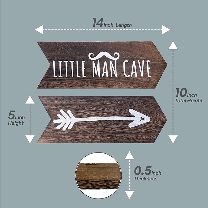 Little Man Cave Sign For Boys - 2 Pcs 14" x 5" Baby Boy Nursery Wall Decor Art for Playroom, Rustic Wooden Arrow Sign For Nursery, Cabin Room Wall Decor, Easter Gifts for Kids, Brown