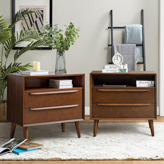 HULALA HOME Nightstand with Charging Station, Set of 2 Mid-Century Modern 2 Drawer and Open Shelf Dresser for Bedroom, Fluted Bedside Table, Walnut