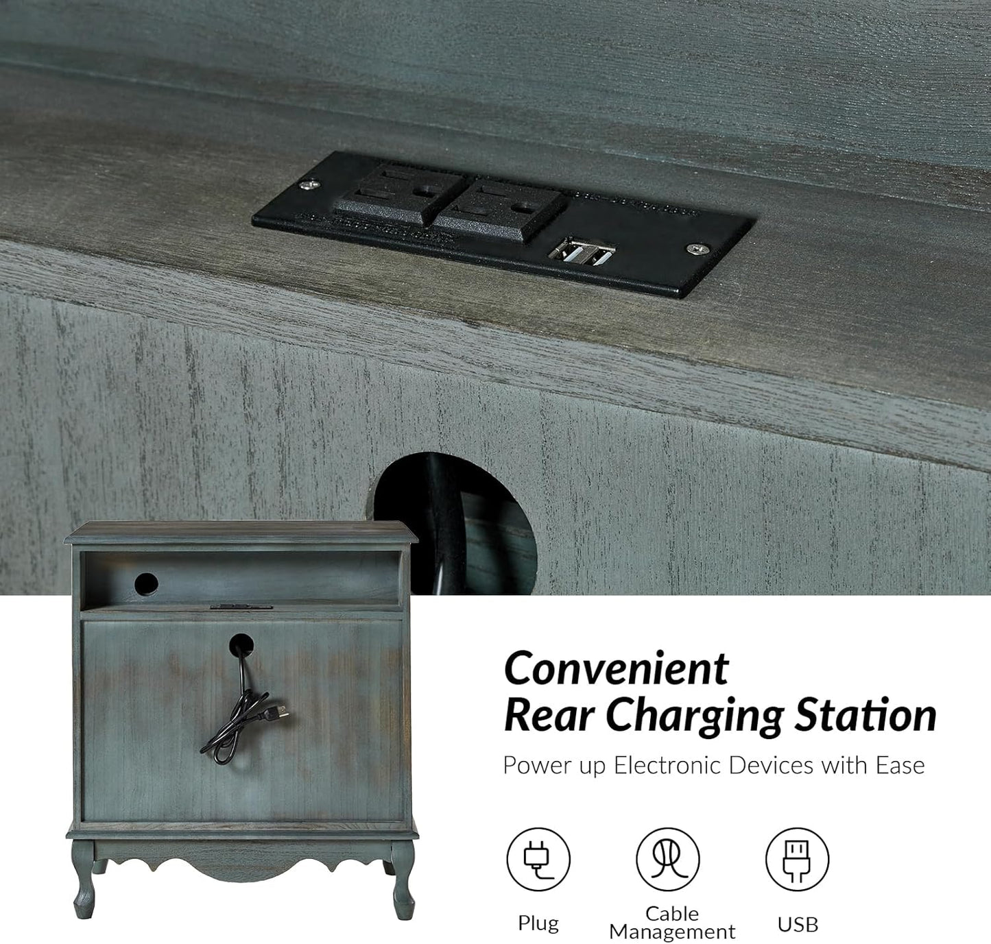 HULALA HOME 3-Drawer Nightstand with Charging Station, Farmhouse Solid Wood Nightstand Set of 2(Blue)