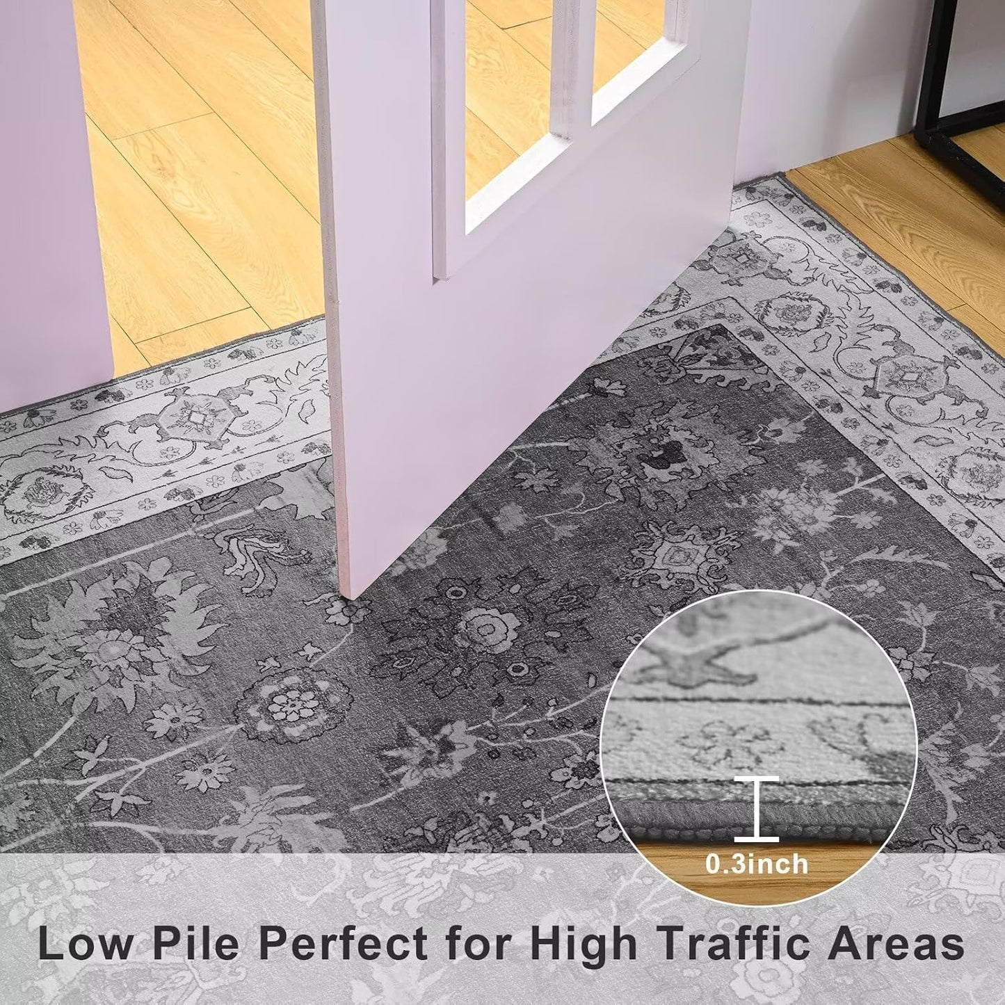 Vasofe 4x6 Rug for Bedroom, Washable Living Room Rugs for Dining Room, Black Indoor Floor Mat, Vintage Floral Mats for Home Decor, Farmhouse, Laundry Room, Non Slip Low Pile Soft Modern Carpet