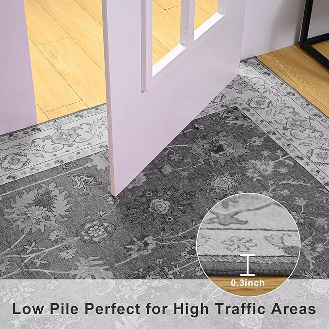 Vasofe 6x9 Rug for Bedroom, Washable Living Room Rugs for Dining Room, Black Indoor Floor Mat, Vintage Floral Mats for Home Decor, Farmhouse, Laundry Room, Non Slip Low Pile Soft Modern Carpet