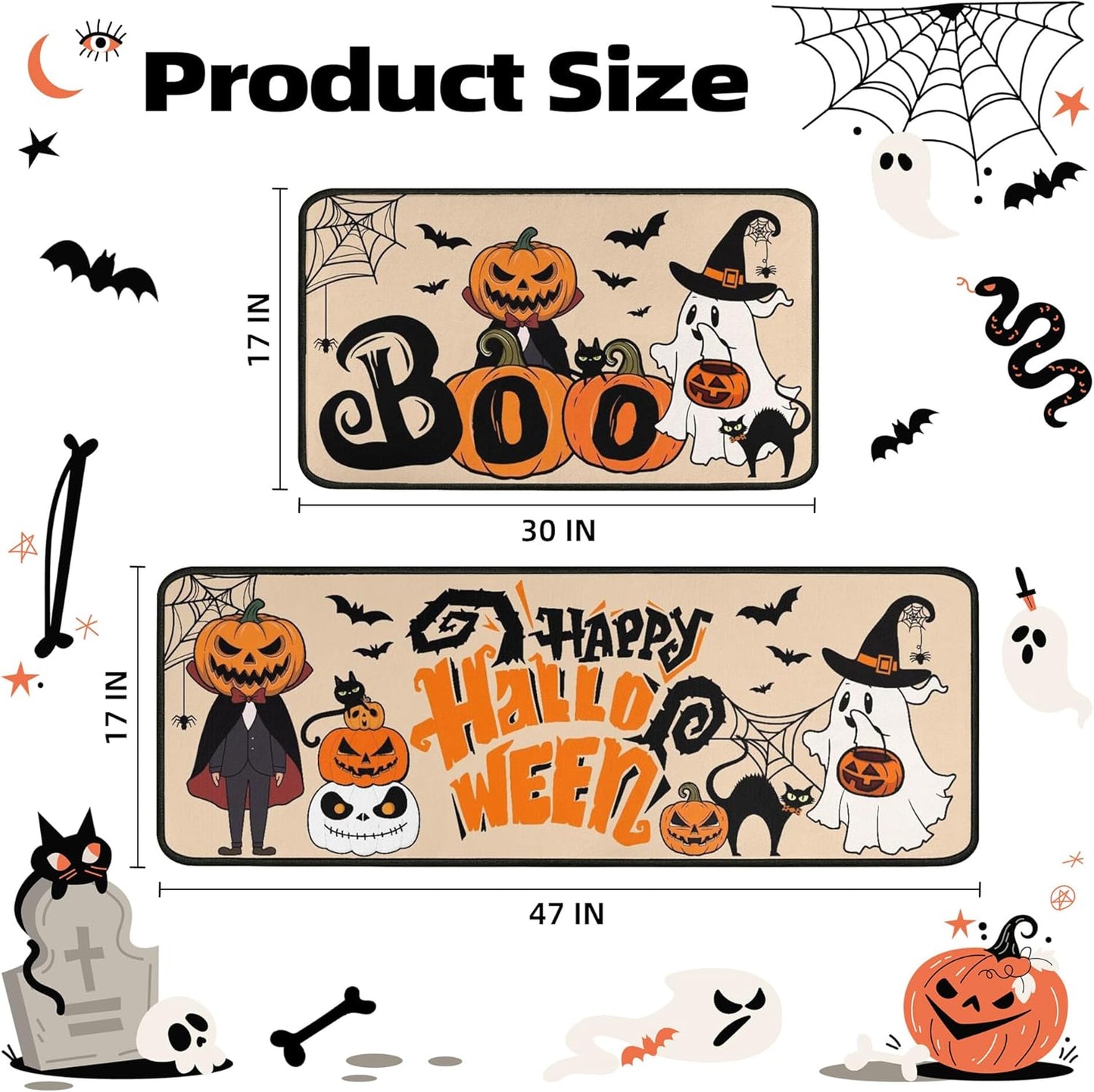 2 Piece Halloween Kitchen Decor Rugs Set,Cute Ghost Kitchen Rugs and Mats Non Skid Washable Absorbent Kitchen Accessories Decoration Floor Mats 17"x47"+17"x30"