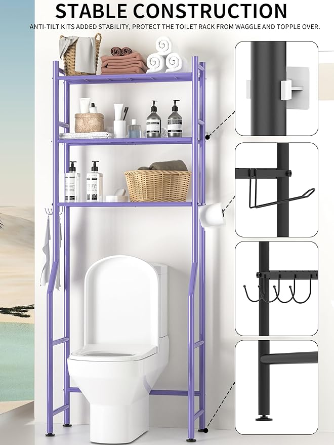 3-Tier Over The Toilet Storage, Space Saver Metal Bathroom Shelves, Freestanding Above Over Toilet Storage Shelf with 4 Hooks for Bathroom, Purple