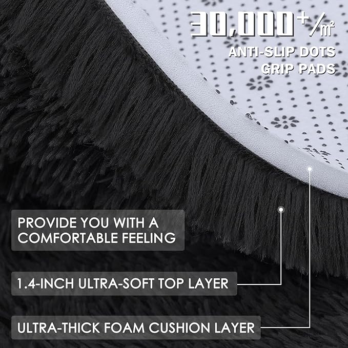 OLANLY Black Round Rugs for Bedroom - Machine Washable, 6 ft Circle Area Rugs for Living Room, Soft and Fluffy Shaggy Carpet for Teen Girls and Boys, Nursery Rooms, Dorms, Home Decor Aesthetic