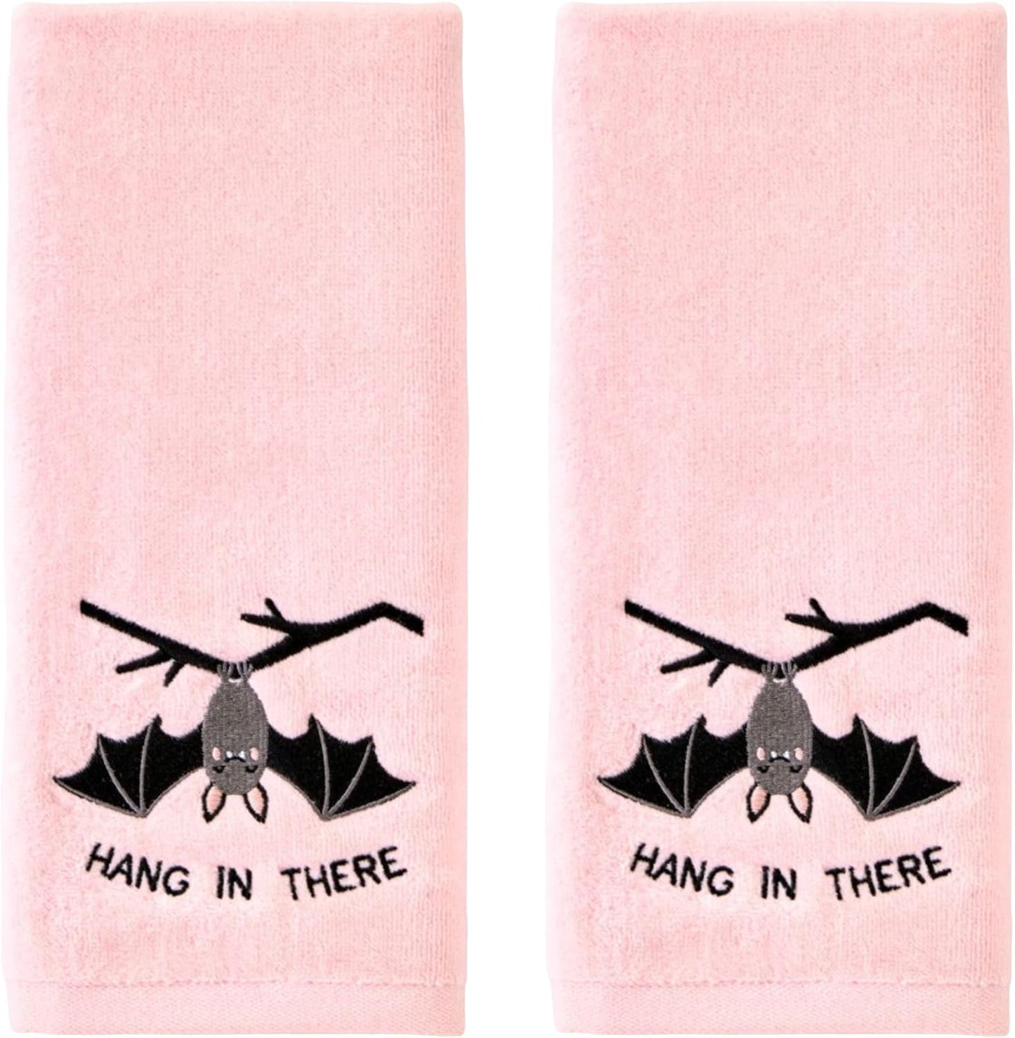 SKL Home Halloween Hang in There Bat 100% Cotton Embroidered 2pc Hand Towel Set, Decorative for Bath/Kitchen/Bar & Gift, Pink
