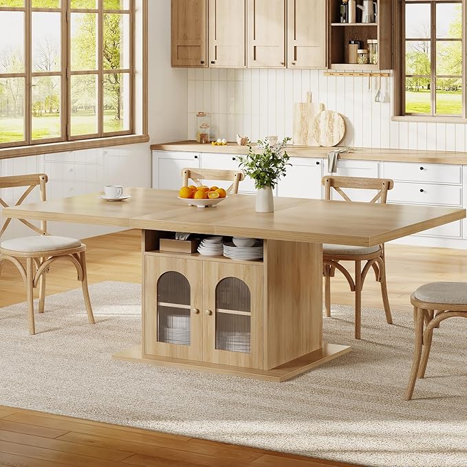 HSH Dining Table for 4–6, 63 Inch Wood Farmhouse Kitchen Table with 3-Tier Storage Shelf and Acrylic Door Cabinet, Rectangular Modern Dining Room Dinner Table for Apartment Home Small Space, Light Oak