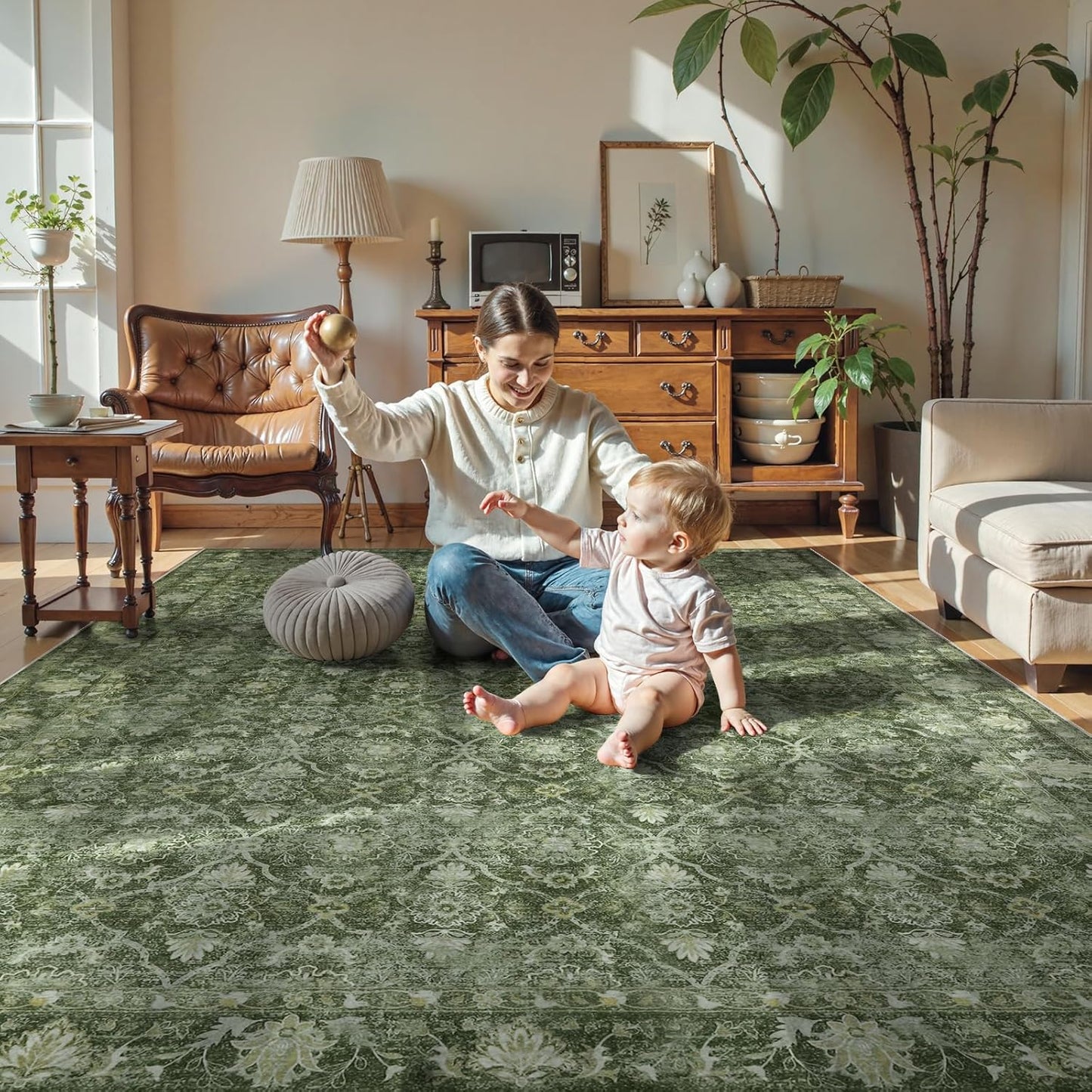 Vintage Green Area Rug 8x10 for Living Room, Washable Boho Moroccan Bedroom Rug with Ruber Backing, Stain Resistant Large Carpet for Dining Room Office Home Apartment (8'x10', Dark Green)