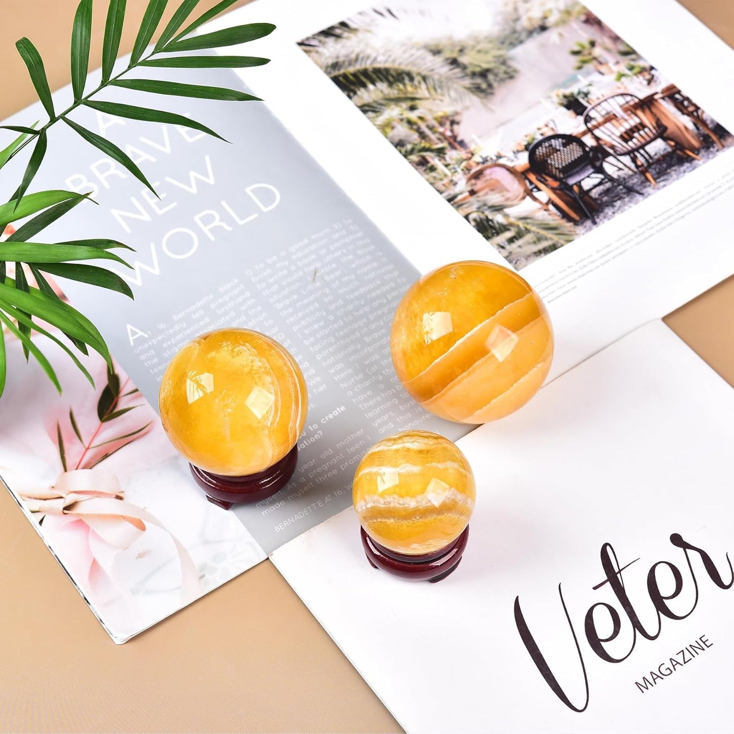 JIC Gem Natural Yellow Fluorite Crystal Sphere Crystal Decorative Ball with Wooden Stand Meditation Balls for Witchcraft Reiki Gift 50-60mm