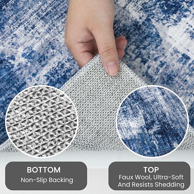 IOHOUZE Small Abstract Area Rug 2x3 Ft Entryway Rugs Washable Door Mat Indoor Entrance, Rubber Backed Throw Rugs, Printed Faux Wool Non Slip Floor Carpet for Foyer Front Door Sink, Navy/Grey