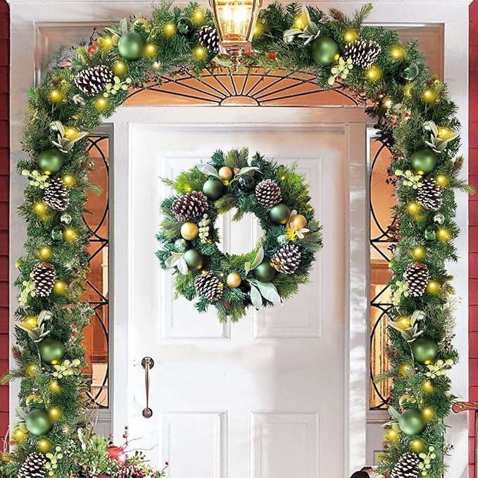 WANNA-CUL Pre-Lit 6 ft/ 72 Inch Christmas Garland with Lights Decoration for Mantle with Green Gold Christmas Ball Ornaments,Battery Operated 30 LED Lights
