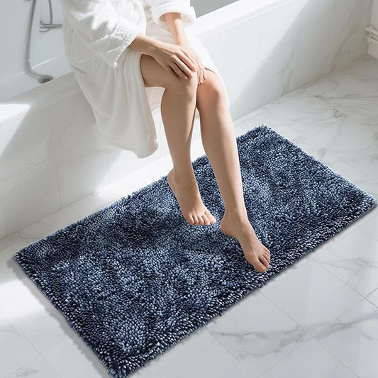 Yimobra Long Bathroom Rug Non Slip 44x24 Inch, Extra Thick Soft Absorbent Chenille Bath Mat, Machine Washable Bath Rugs for Bathroom Floor, Tub and Shower, Home Decor Accessories, Light Blue