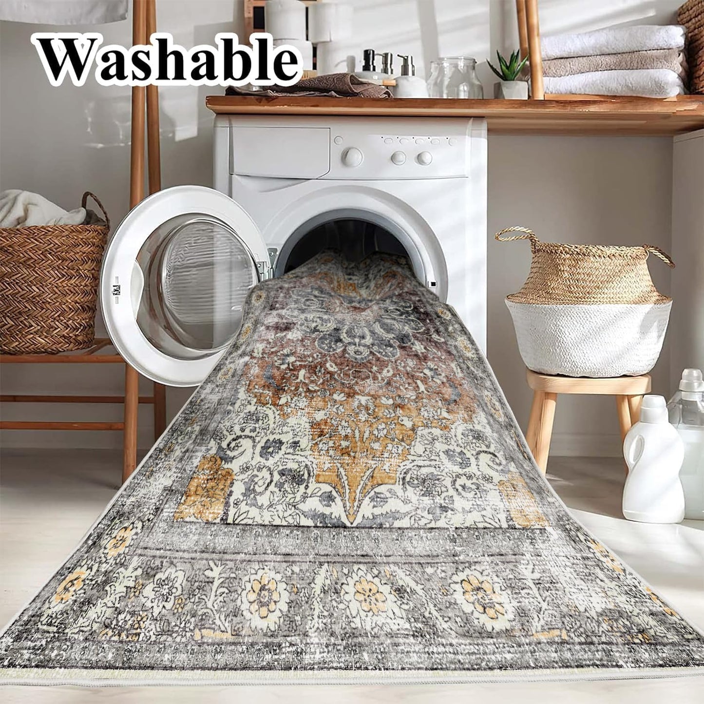 Area Rug 5x7 Washable Rug Brown Vintage Traditional Floor Cover Foldable Thin Retro Kitchen Accent Indoor Distressed Non Slip Carpet Bedroom Living Room Bathroom