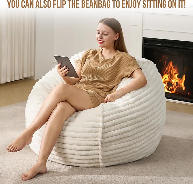 Hobestluk 3ft Bean Bag Chairs for Adults Large Beanbag Chair with Stripe Plush Cover Big Bean Bag Chair for Living Room Bedroom Dorm Office - White (36” x 36” x 22”)