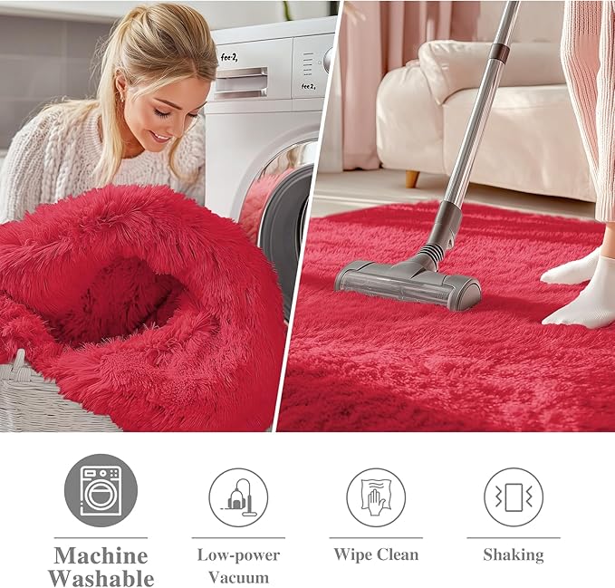 OLANLY Red Round Rugs for Bedroom - Machine Washable, 4 ft Circle Area Rugs for Living Room, Soft and Fluffy Shaggy Carpet for Teen Girls and Boys, Nursery Rooms, Dorms, Home Decor Aesthetic