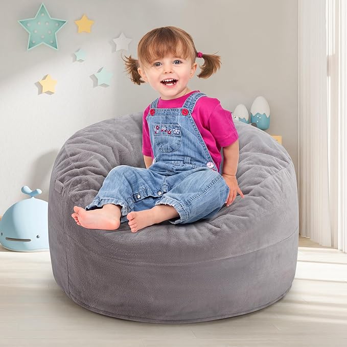 Hobestluk Bean Bag Chairs 2.5FT Bean Bag Chair with Memory Foam Filled & Plush Faux Fur Cover Small Bean Bag Chairs for Playroom, Living Room, Bedroom (Grey)