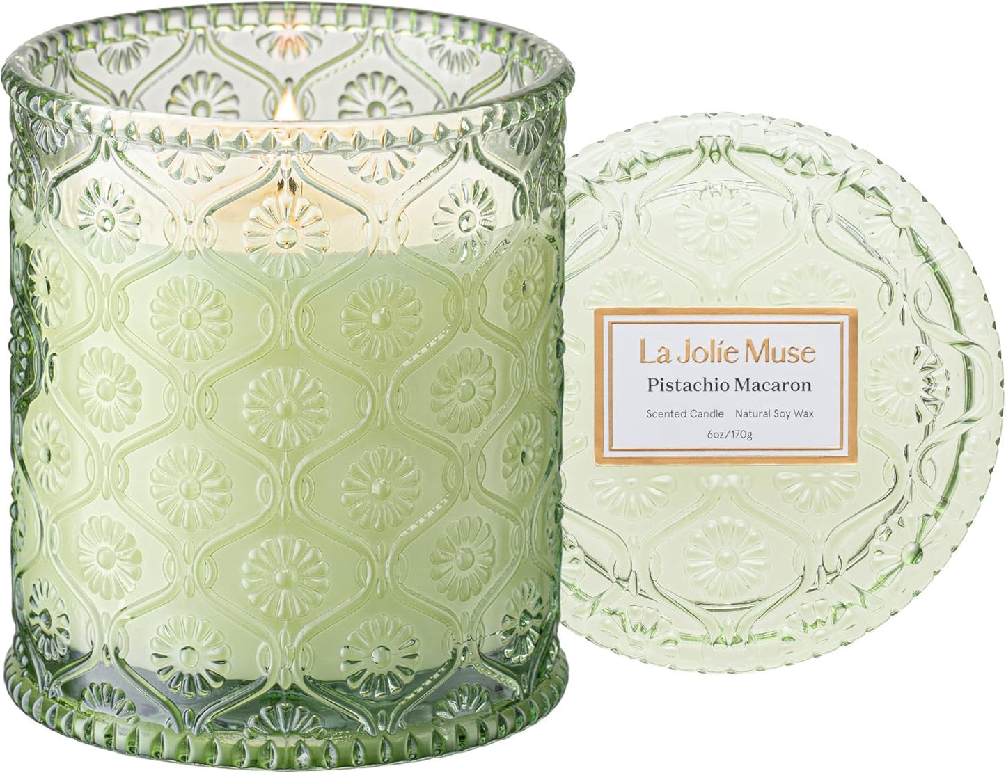 LA JOLIE MUSE Pistachio Macaron Scented Candle –Pistachio, Milk & Vanilla | 6 oz Fall Candle | Natural Soy Wax | 40 Hours Clean Burn | Gift for Dessert Lovers | Seasonal Home Décor