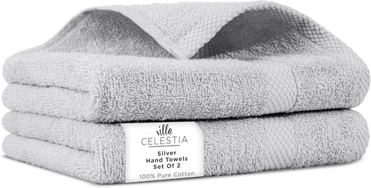 100% Cotton Hand Towel Set of 2, (16 x 28 inches) Sustainable, Soft, Highly Absorbent, Quick Drying, Combed Cotton Hand Towels Pack of 2 Ideal for Hotels, Spa, Bathroom, Dorm, Silver
