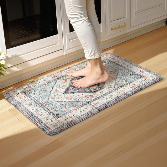 KIMODE Anti Fatigue Kitchen Mats for Floor,17.3" x 29" Vintage Blue Cushioned Kitchen Rugs,Non-Slip Waterproof Kitchen Sink Standing Mat Wipe Clean for Kitchen,Laundry Floor