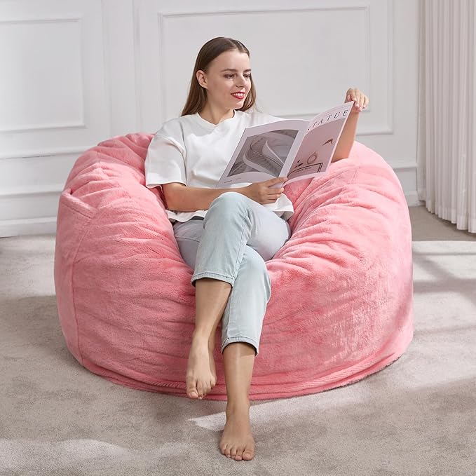 Hobestluk 3ft Bean Bag Chairs for Adults Large Beanbag Chair with Plush Faux Fur Cover Big Bean Bag Chair for Living Room Bedroom Dorm Office -Pink (36” x 36” x 22”)
