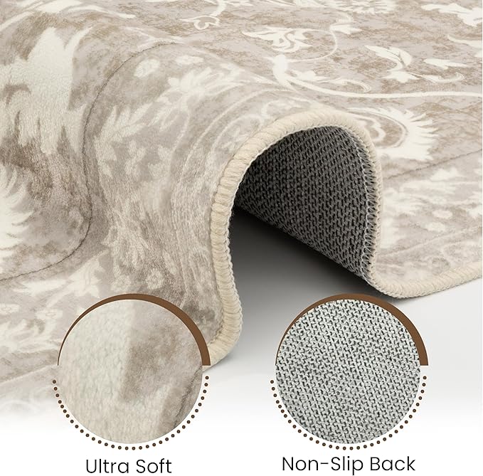 Washable Runner Rug 2x6 | Non Slip Rug Runners for Hallways, Entryways, Kitchens, Bathrooms, Bedrooms | Ultra-Soft Flannel Carpet Runners with Rubber Backing (Floral Sand, 2x6)
