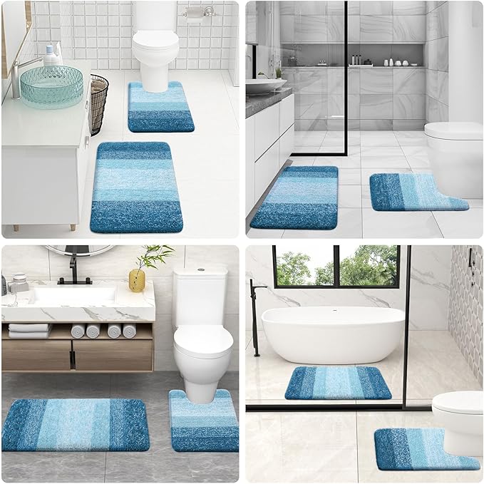 OLANLY Bathroom Rug Set 2 Piece, Soft Absorbent Microfiber Bath Mats and U-Shaped Contour Toilet Rug, Non-Slip, Machine Wash Dry, Plush Shaggy Bath Mats for Bathroom (24"x16"+24"x20", Peacock Blue)
