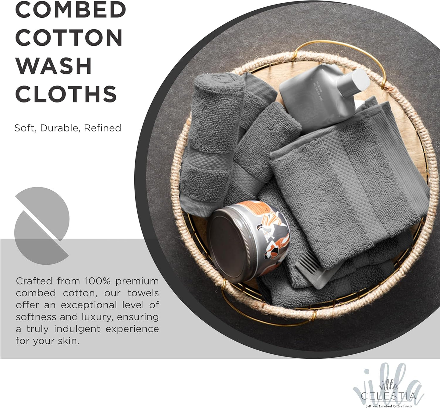 100% Cotton Wash Cloth for face & Body Set of 6, (12 x 12 inches) Sustainable, Soft, Highly Absorbent, Combed Cotton Wash Cloths Pack of 6 for Hotels, Spa, Bathroom, Dorm, Grey