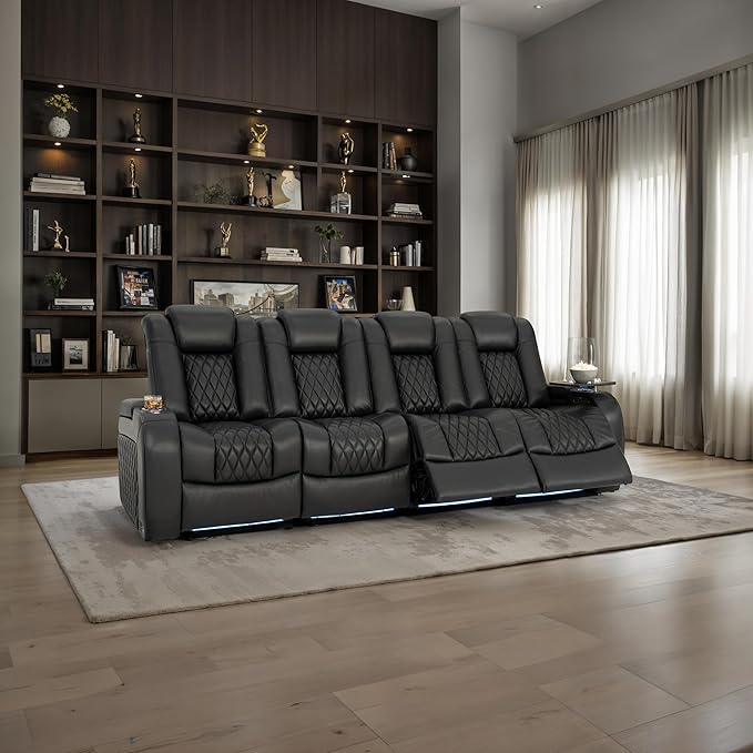 Seatcraft Diamante Zero-Gravity CoolZero Italian Leather Home Theater Seating, Power Headrest, Power Recline, Row of 4 Sofa, Black