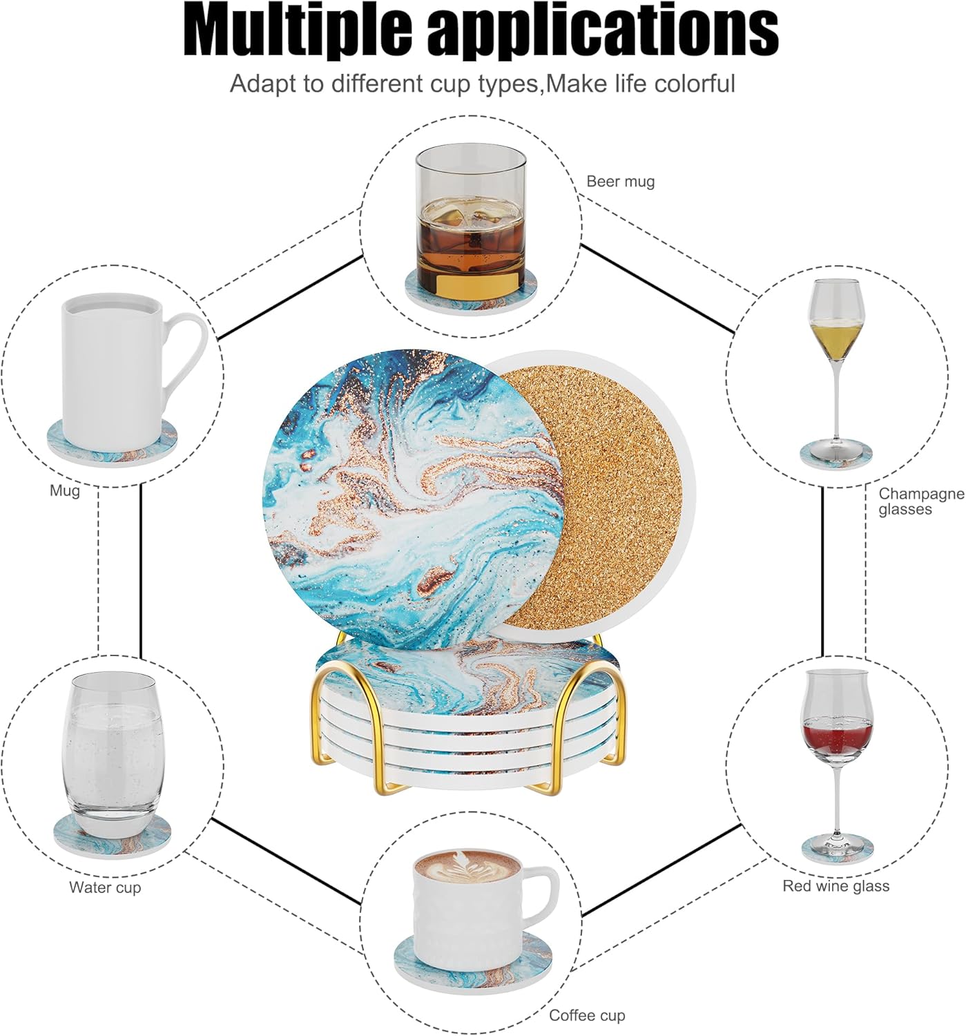 Coasters for Drinks Set of 4, Absorbent Ocean Style Marble with Metal Golden Holder, Ceramic Coaster Set Cup Mat for Home Decor, Bar, Kitchen, Party