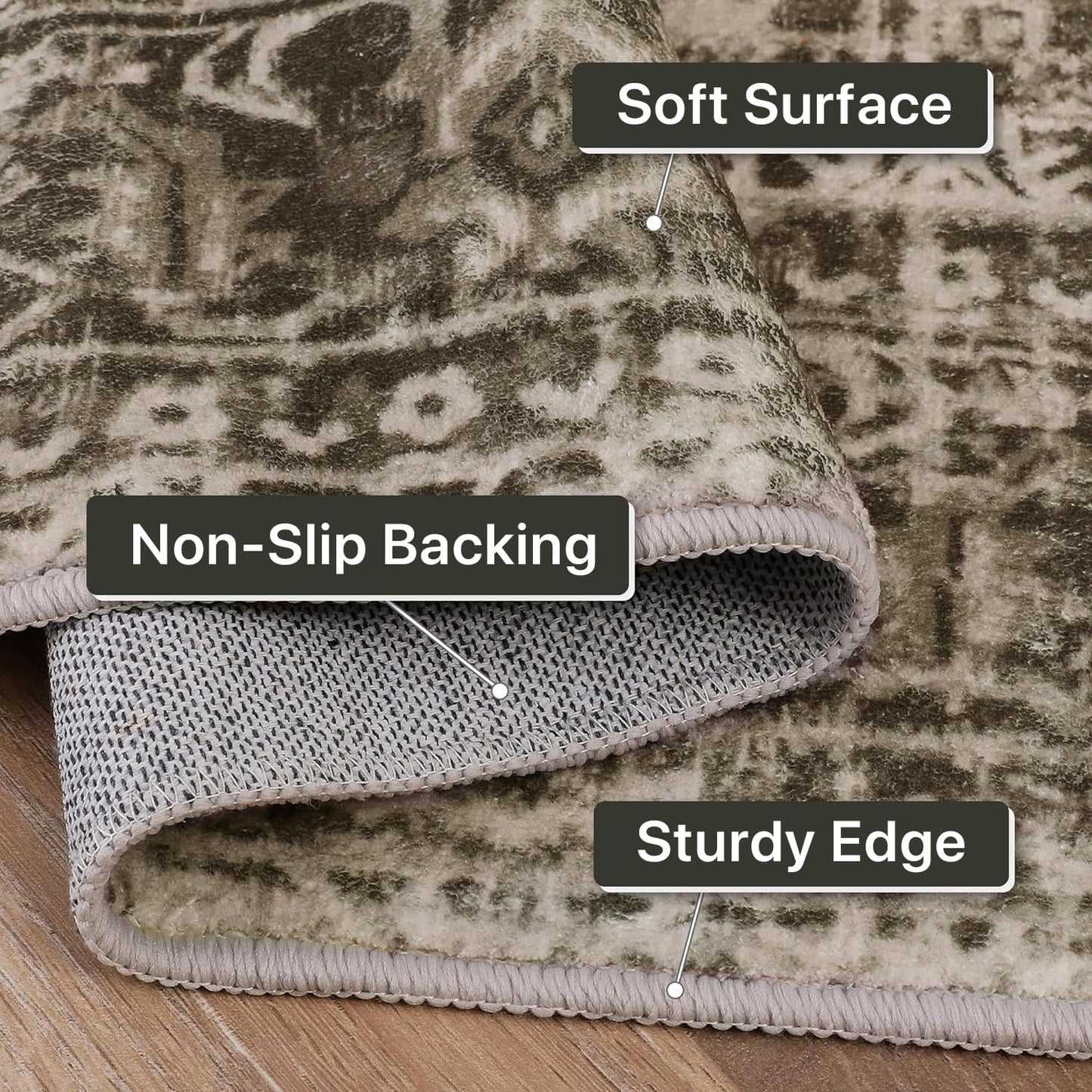 Area Rugs 8x10 for Living Room Bedroom, Vintage Machine Washable Stain Resistant Rug, Large Soft Low Pile Sage Charcoal Foor Mat with Non Slip Backing for Dining Room