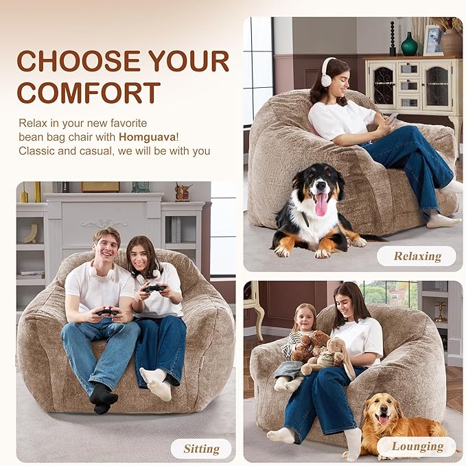 Homguava Bean Bag Chair Bean Bag Chairs for Adults Comfy Beanbag Chair with Spacious Design Giant Bean Bag Couch with Armrest Large Bean Bag Chair with Filler for Living Room Bedroom (Khaki)