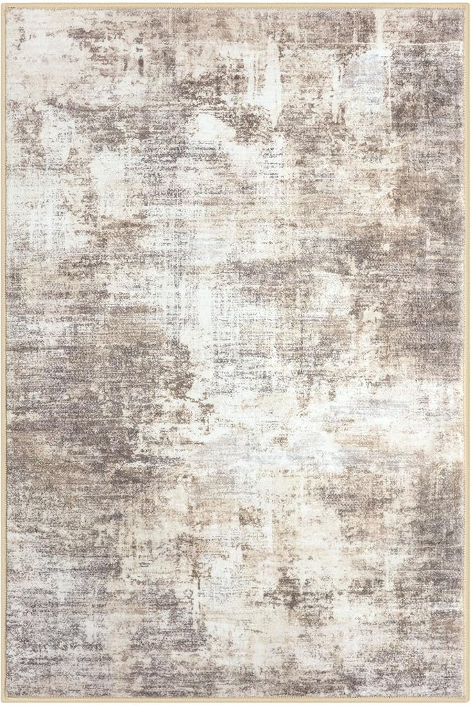 IOHOUZE Abstract Area Rug 3x5 Ft Washable Rugs for Entryway Indoor, Non Slip Kitchen Rug Printed Faux Wool Throw Rugs, Indoor Door Mat for Door Entrance Foyer Living Room, Beige Brown