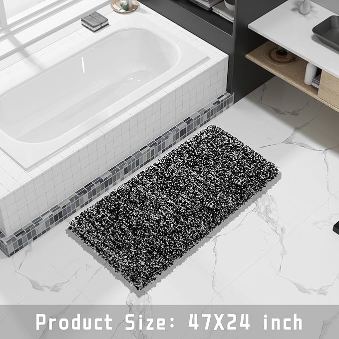 Yimobra Luxury Bathroom Rugs, Fluffy Bath Mats, Non Slip, Water Absorbent Microfiber, Machine Washable, Plush Runner Shower Rugs, Thick Matts for Bathroom Floor&Tub, 47"x 24", Black and White