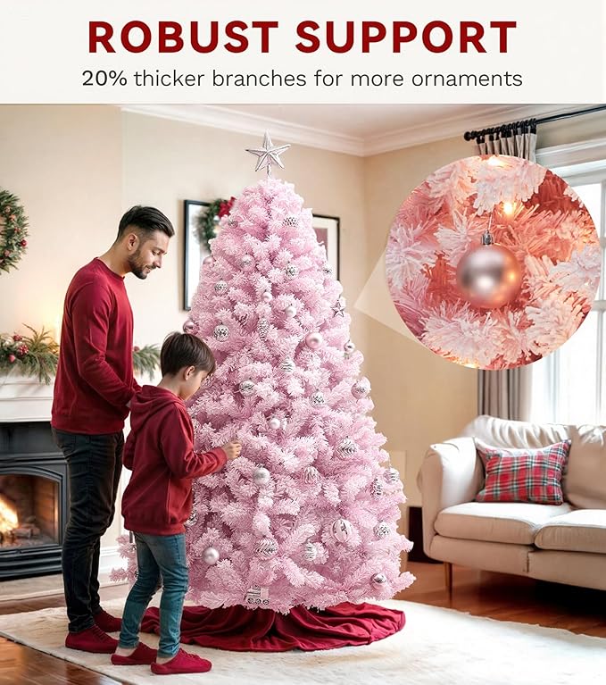 DWVO 7.5ft Pre-lit Pink Christmas Tree with Lights, Prelit Atificial Trees with 1346 Tips & 550 UL Listed Lights, Automatic Branches & Easy Assembly for Home Party