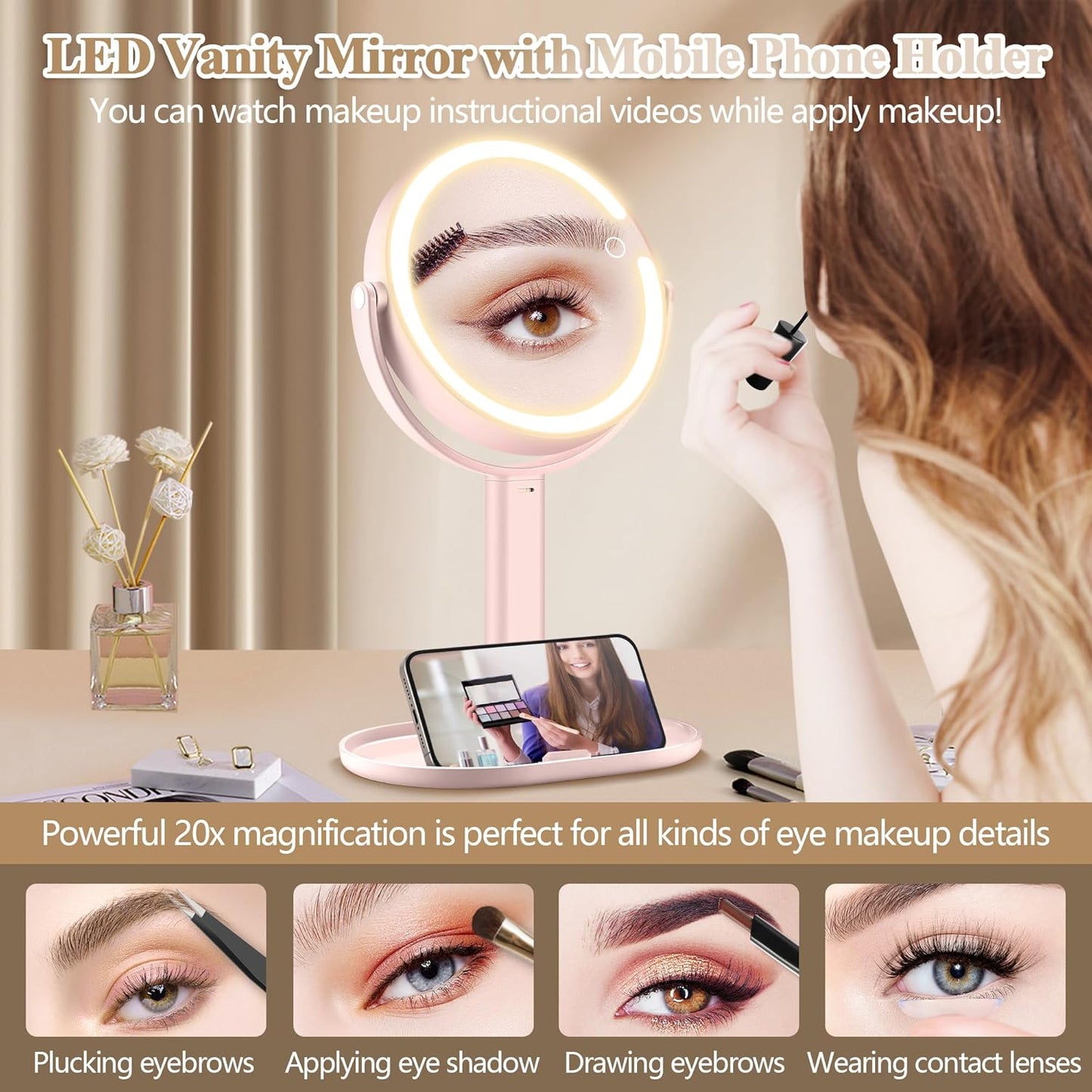Makeup Mirror with Lights, Double Sided 1x/20x Magnifying Mirror with Light, Rechargeable 3 Color Lights and Adjustable Brightness, 360° Rotation Detachable Comes with Tweezer(Pink)