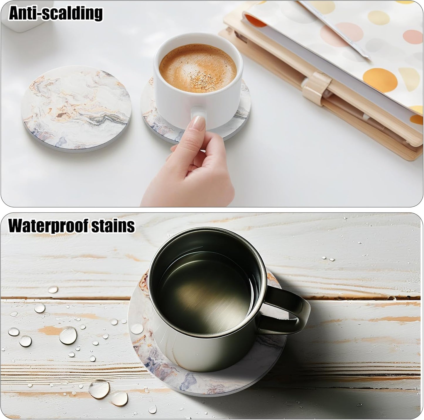 Coasters for Drinks Set of 4, Absorbent Abstract Sand Marble with Metal Golden Holder, Ceramic Coaster Set Cup Mat for Home Decor, Bar, Kitchen, Party