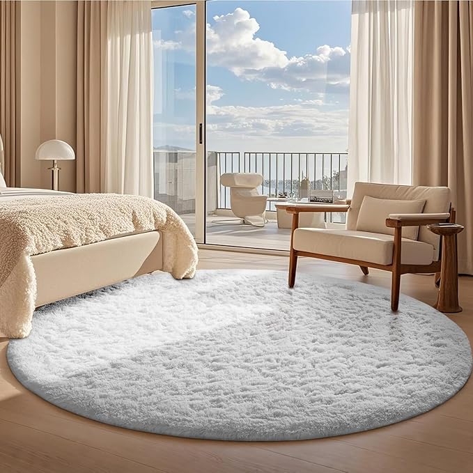 Ophanie Round Rug 8Ft White Circle Area Rug, Aesthetic Room Decor, Fluffy Fuzzy Bedroom Carpet, Plush Soft Shaggy Living Room Rugs for Kids Home Decor, Nursery