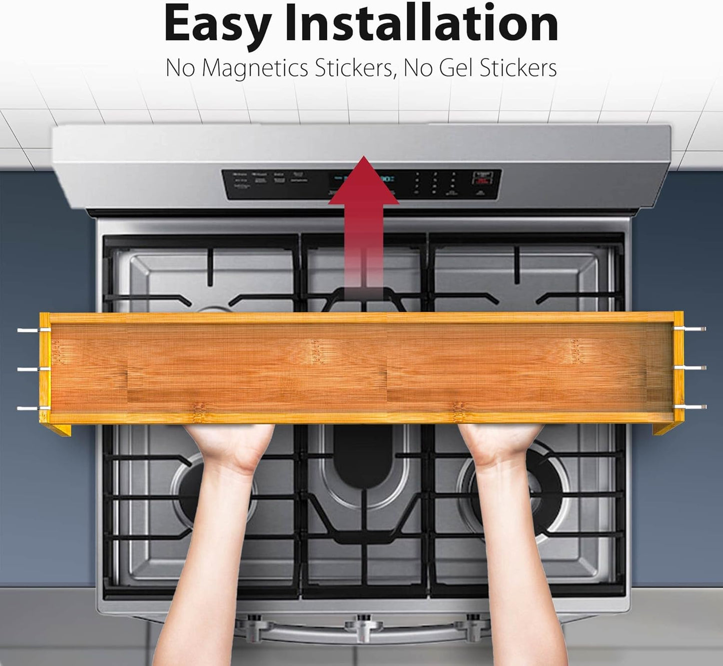 IIIOIIIA Bamboo Over The Stove Spice Shelf for Kitchen Storage, 31.5" Kitchen Spice Rack Organizer Stove Top Shelf with 6 Hooks, 11.4" Height Extra Storage Countertop, Easy to Assemble