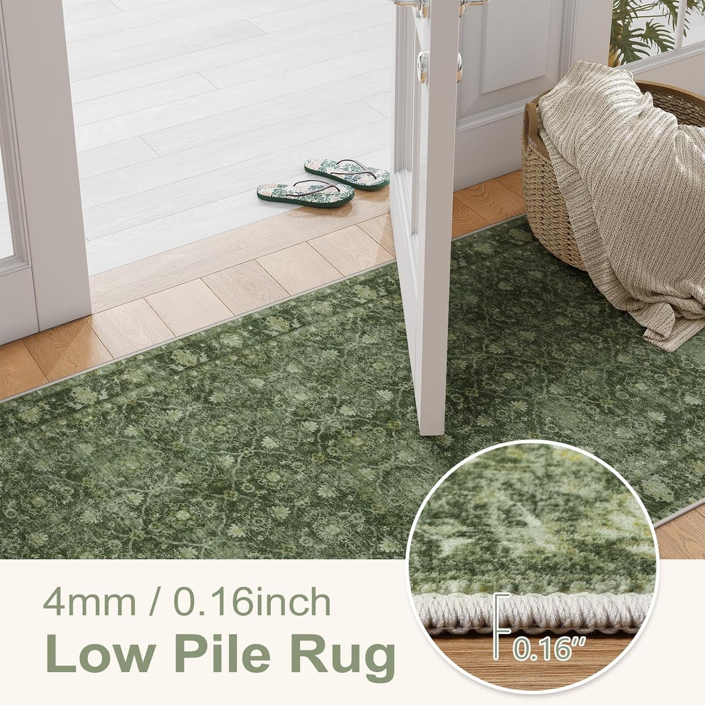 Vintage Green Washable 2x6 Runners for Hallways, Boho Kitchen Runner Rug Non Skid, Soft Low Pile Floor Carpet for Entry Bathroom Bedside High Traffic Area (2'x6', Green)