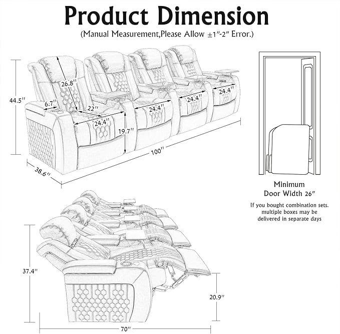 Home Theater Seating, Living Room, Heat & Massage, Powered Headrest, Powered Lumbar, Italian Leather, Powered Recline, Single Recliner (Coffee Color, Row of 4)